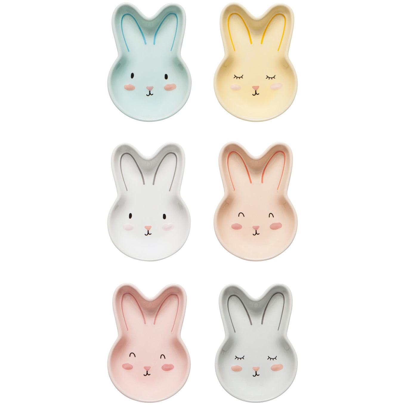 Six colorful bunny-shaped pinch bowls on a white background.