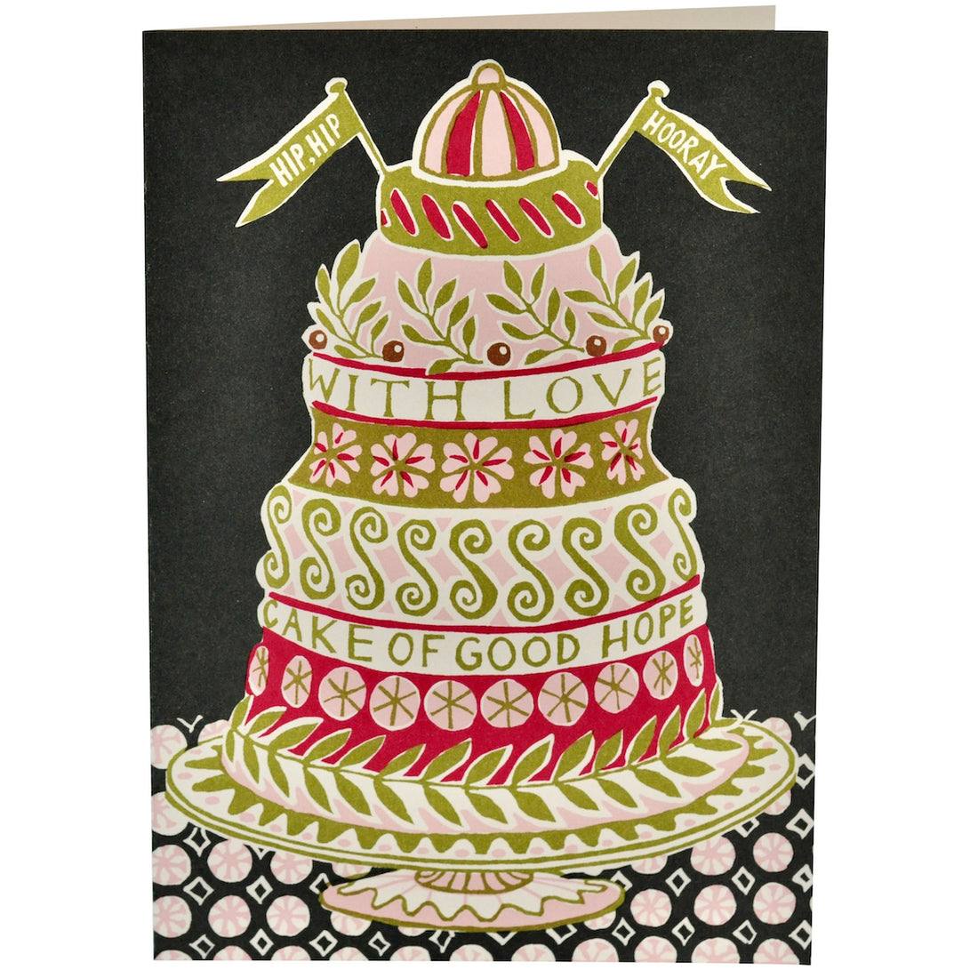 Illustration of an oversized cake in green, pink and red colors that says with love and cake of good hope also hip, hip and hooray on 2 small banners