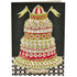 Illustration of an oversized cake in green, pink and red colors that says with love and cake of good hope also hip, hip and hooray on 2 small banners