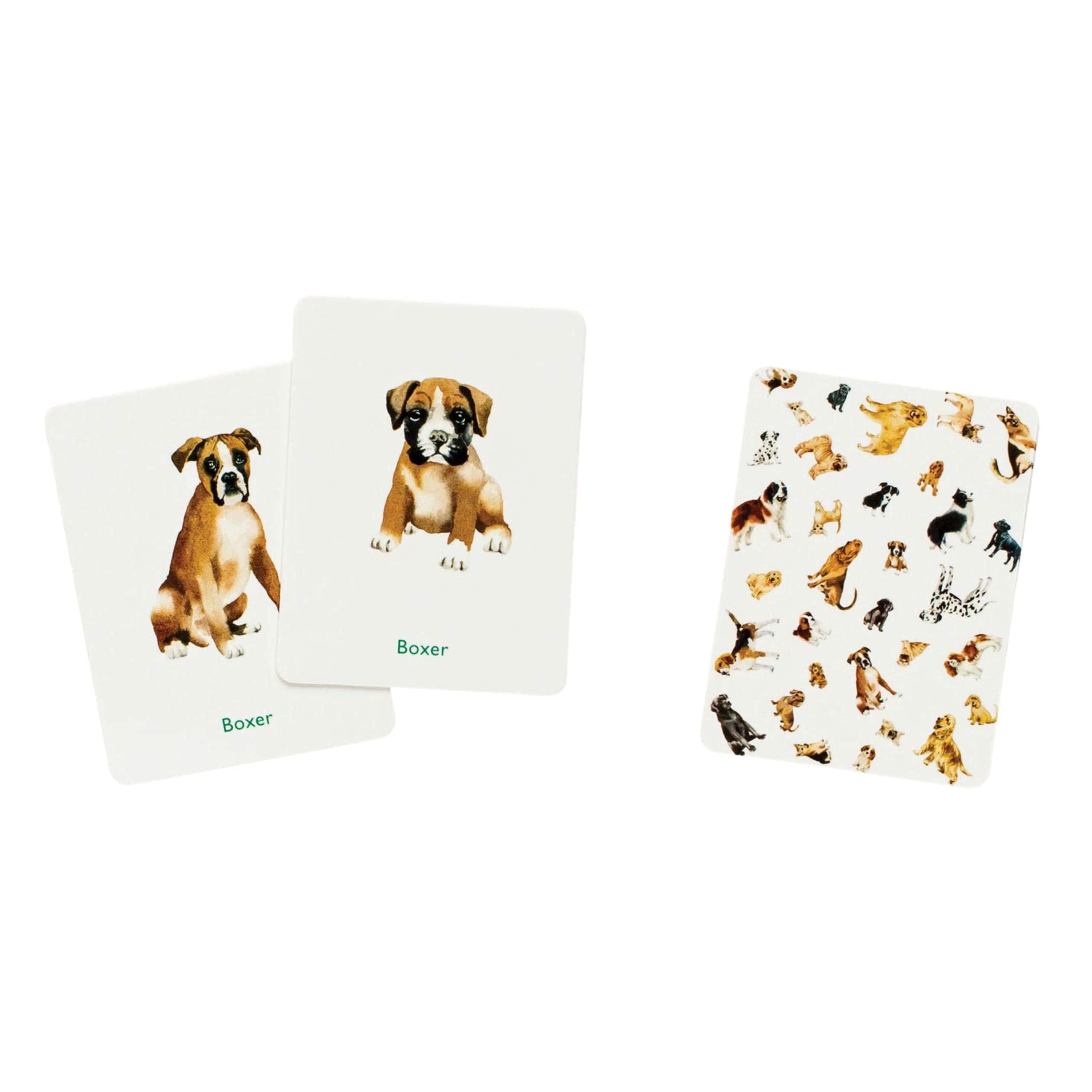 Three of the dog cards, showing a Boxer adult and puppy, and the back of the card.