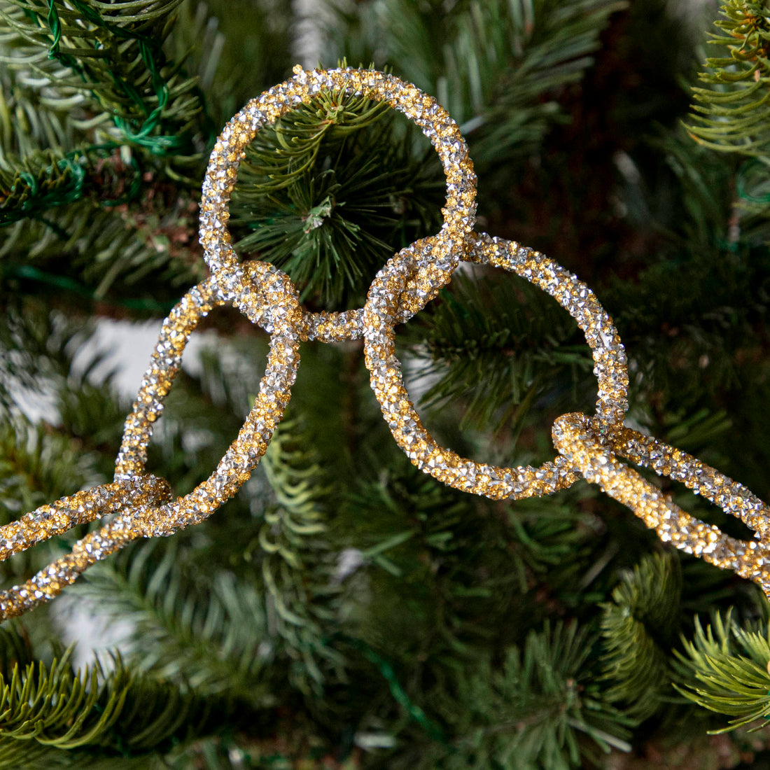 Gold &amp; silver sparkly ring garland hanging in tree.