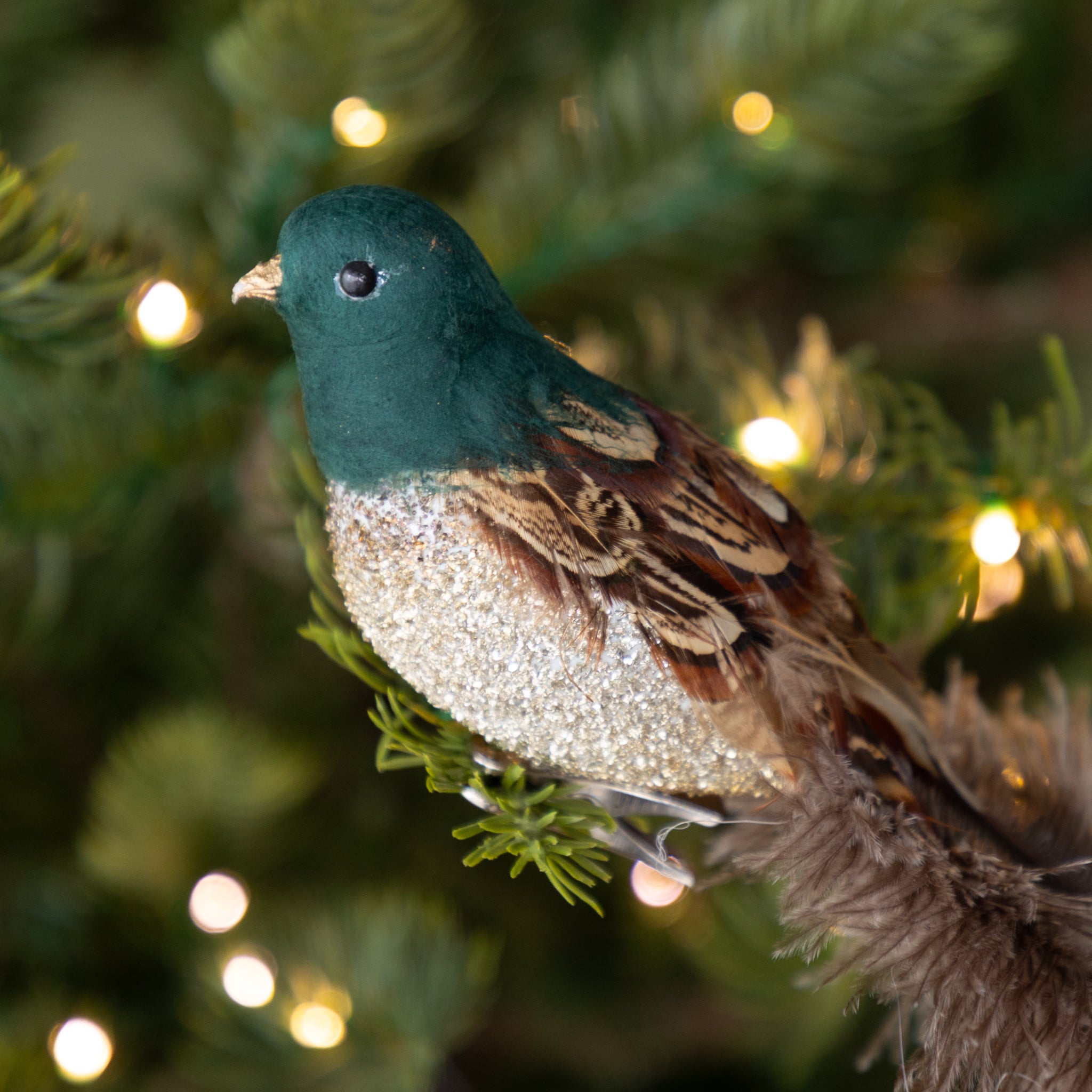 Close up of the Feather Bird Ornament with a teal-colored head, silvery glitter body and brown feathers on a Christmas tree with blurred lights in the background.