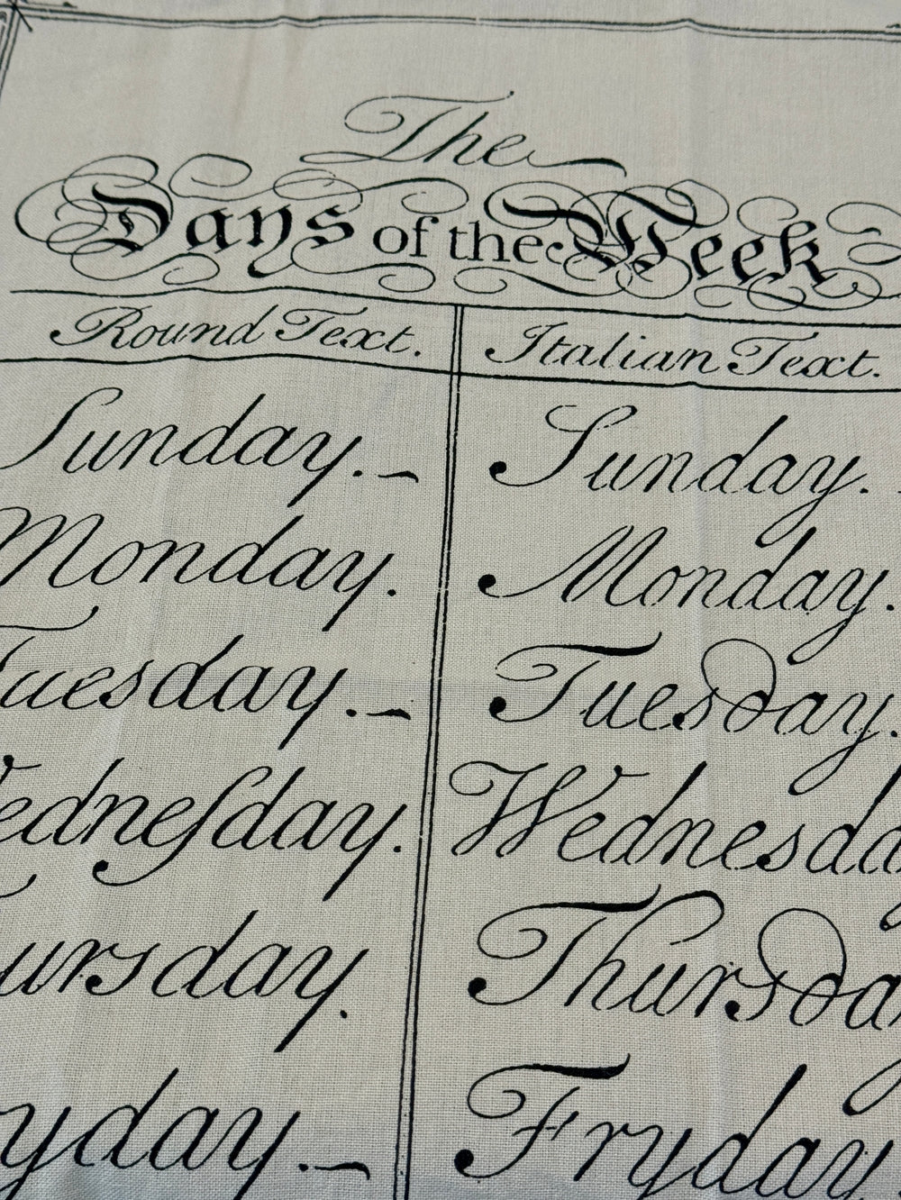 Close up of days of the week tea towel.