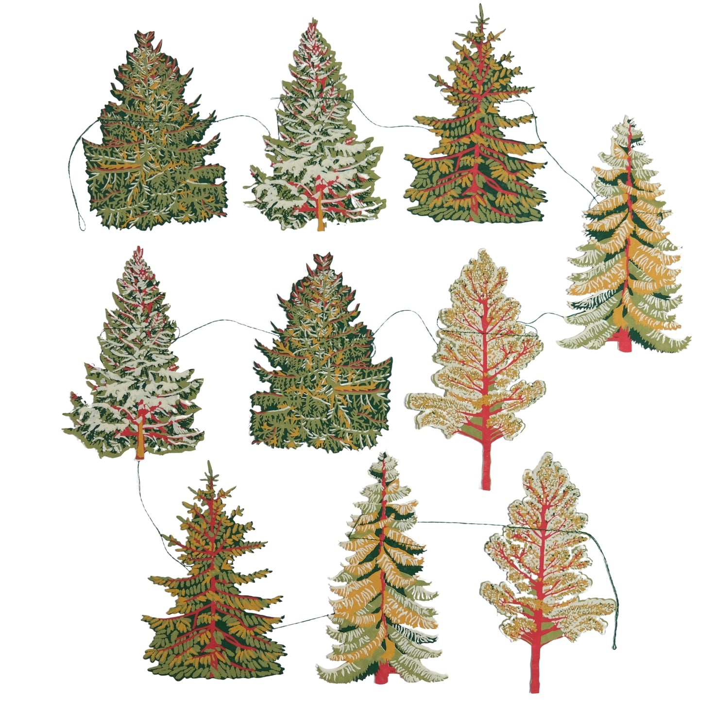 Set of decorative Christmas trees in various colors on a white background