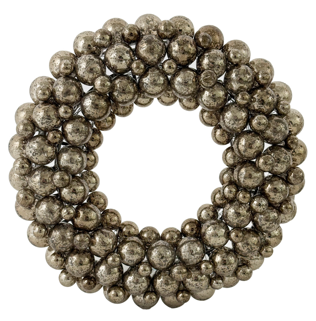 Decorative wreath made of metallic spherical beads on a white background