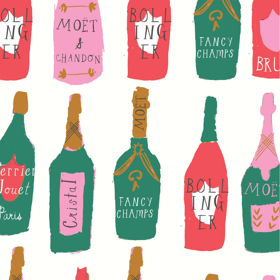 Pattern of champagne bottles with various brand names on a white background