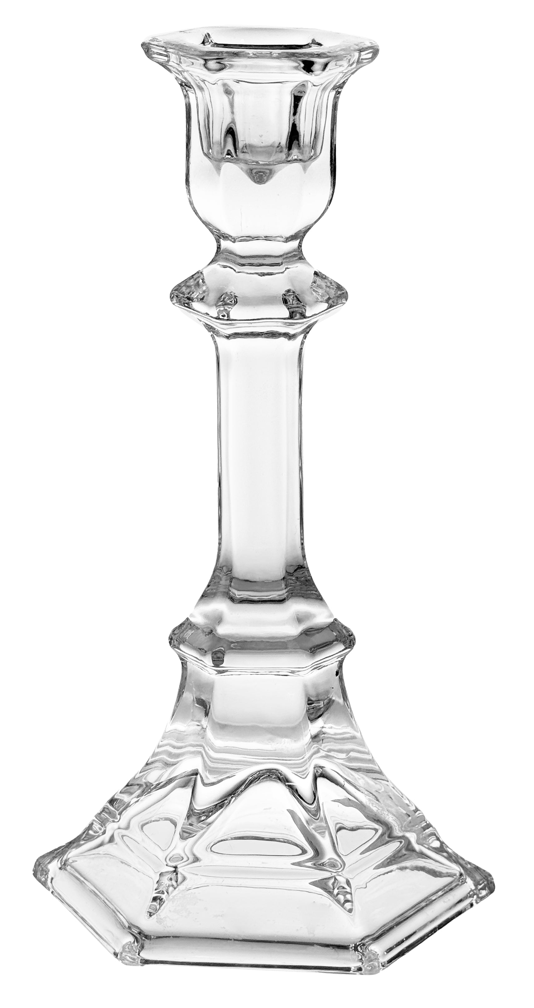 Clear glass candlestick on a white background