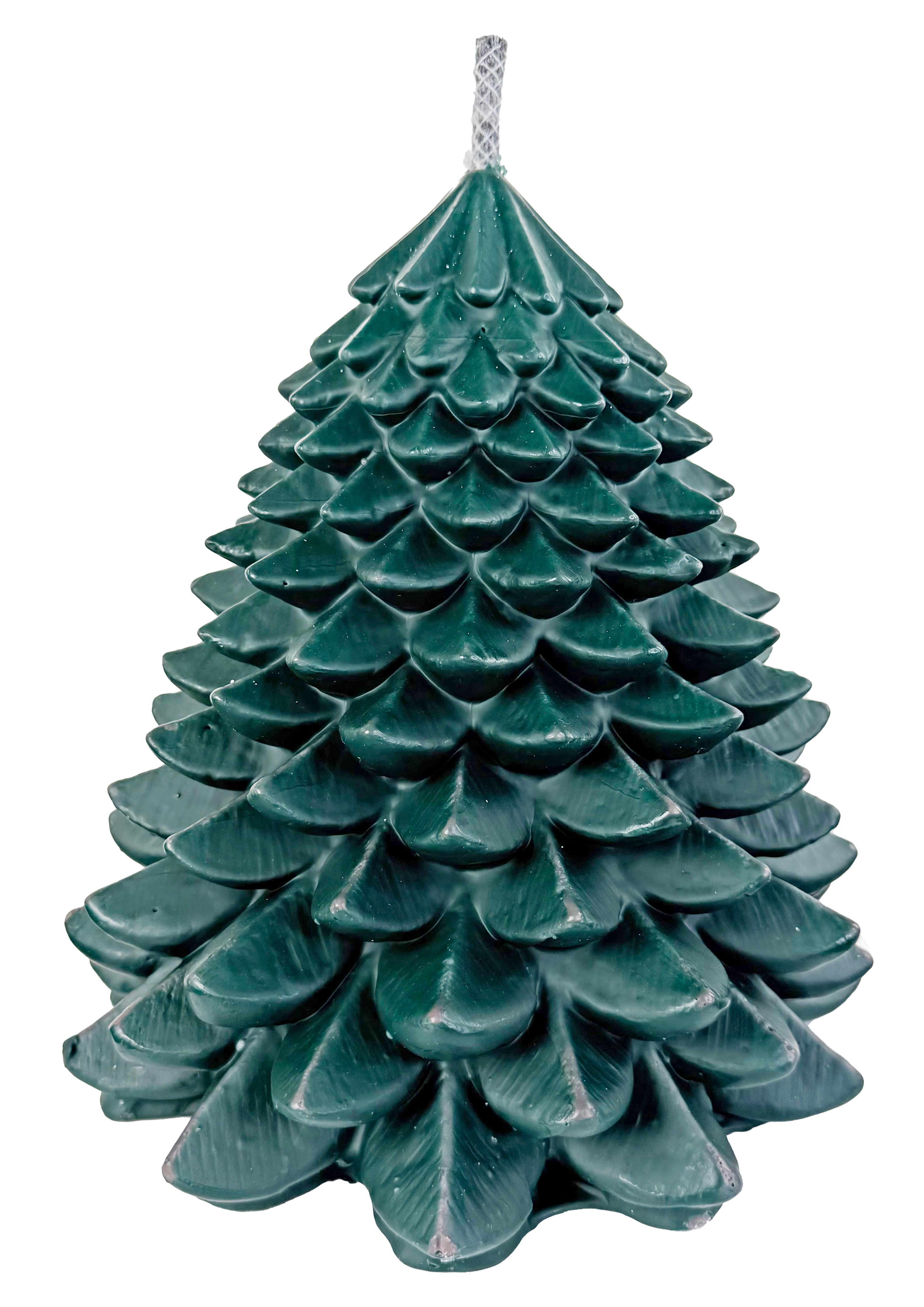 A deep green pillar candle sculpted like an evergreen tree on a white background.