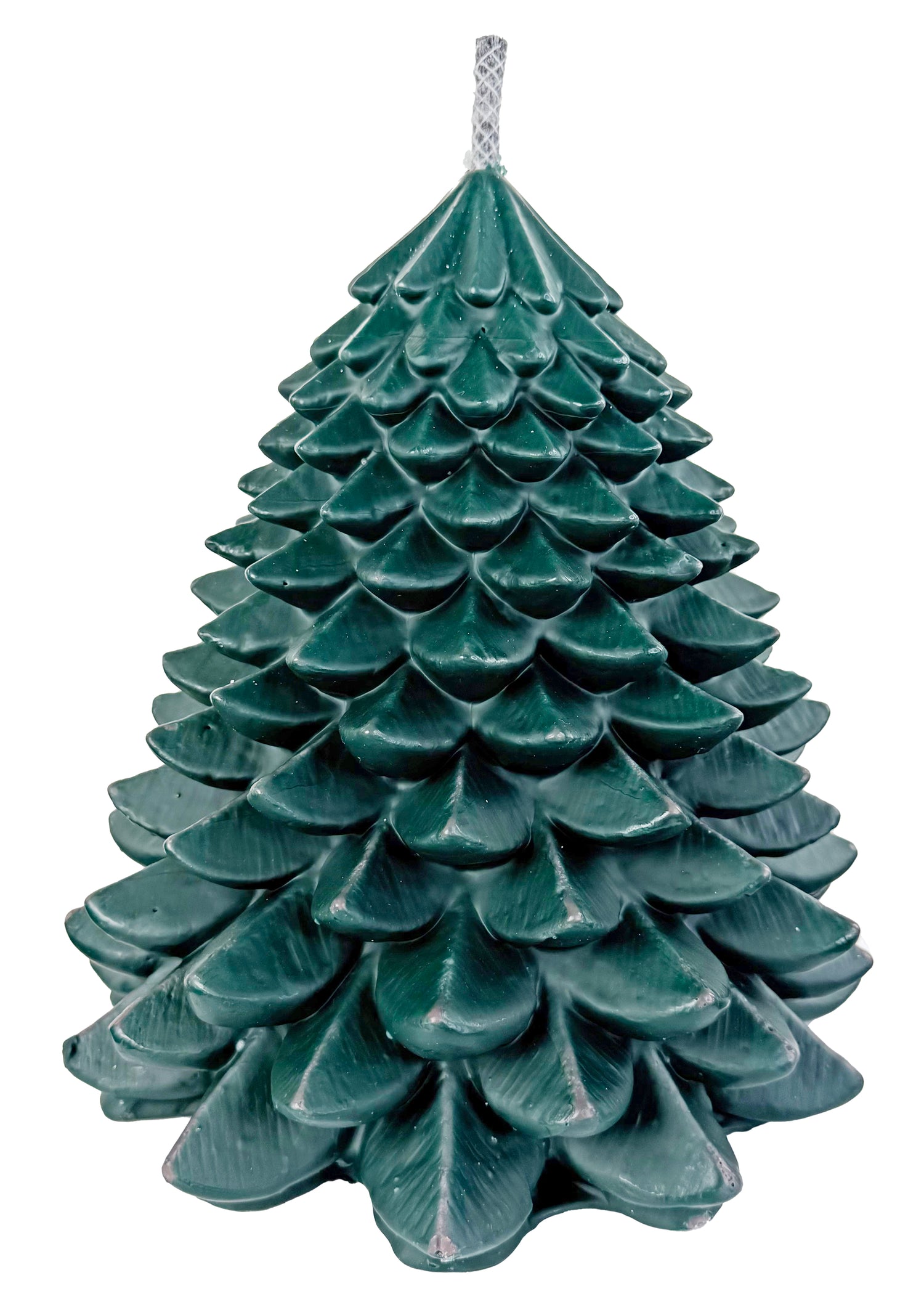 A deep green pillar candle sculpted like an evergreen tree on a white background. 