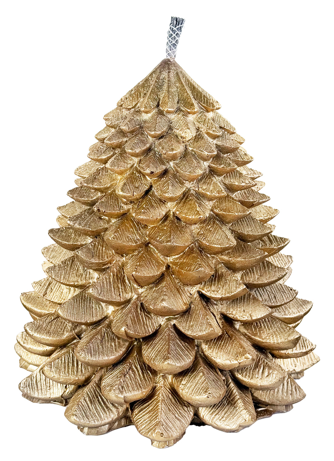 A gold pillar candle sculpted like an evergreen tree on a white background. 