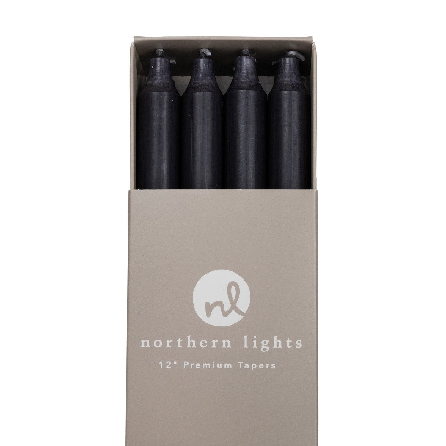 Box of Elegant Northern Lights Graphite 12&quot; premium taper candles.