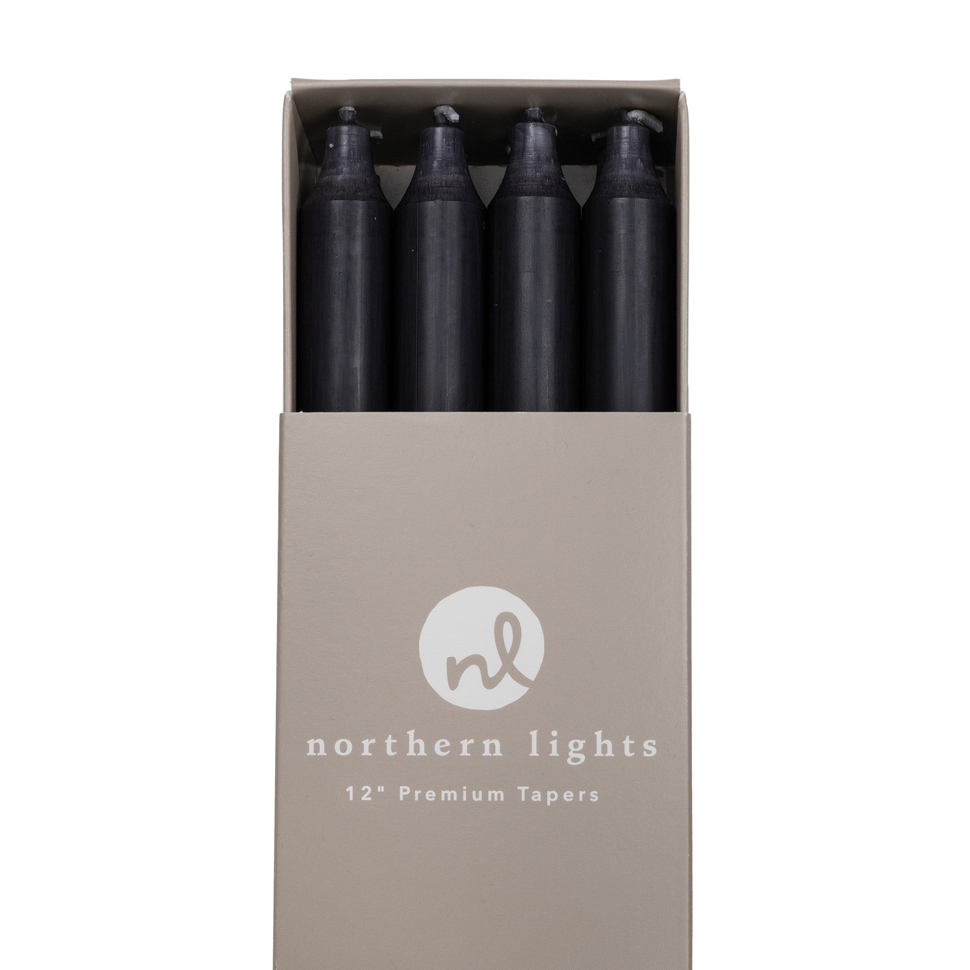 Box of Elegant Northern Lights Graphite 12&quot; premium taper candles.