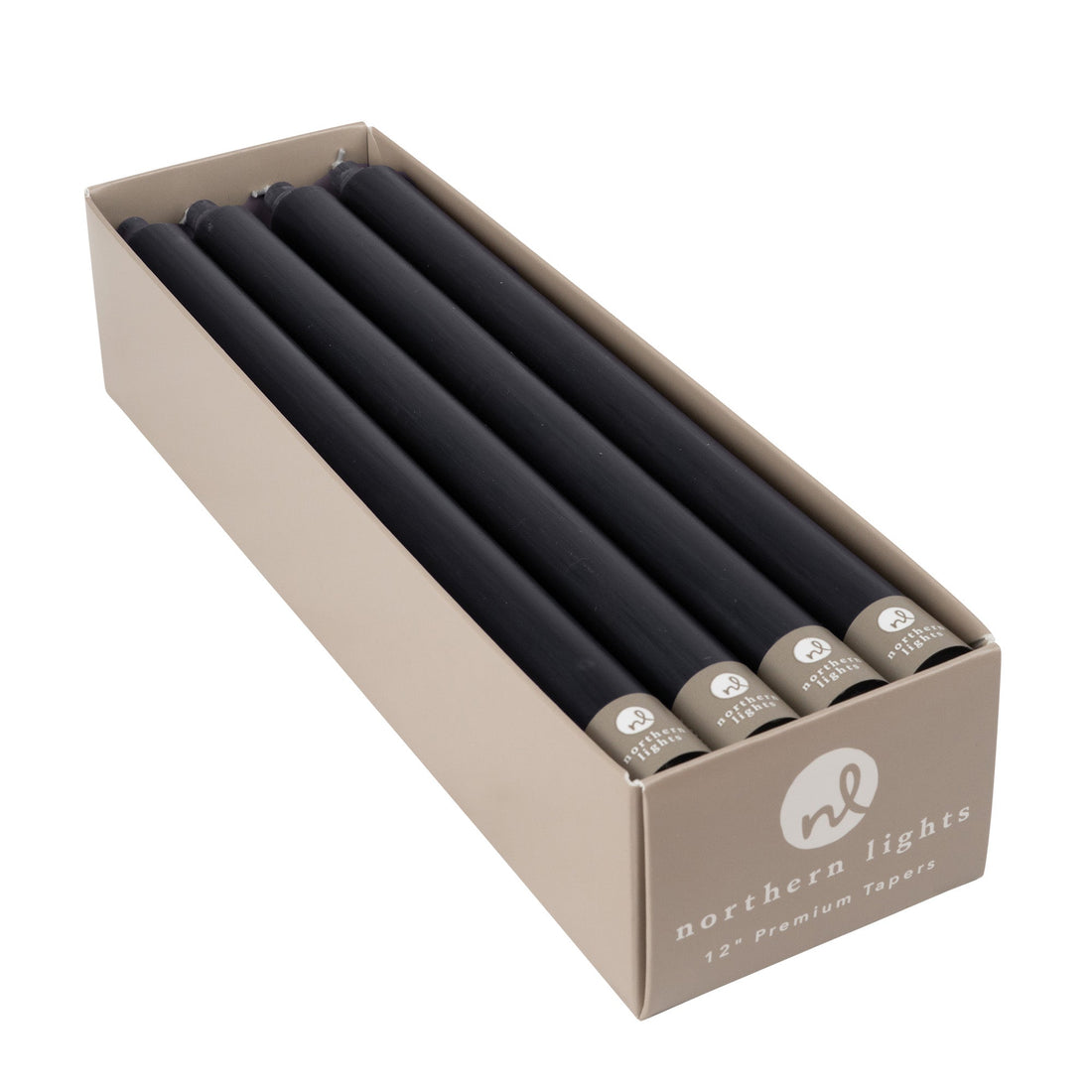 Box of Elegant Northern Lights Graphite 12" premium taper candles.
