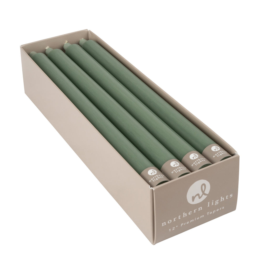 A box of green taper candles by Northern Lights.