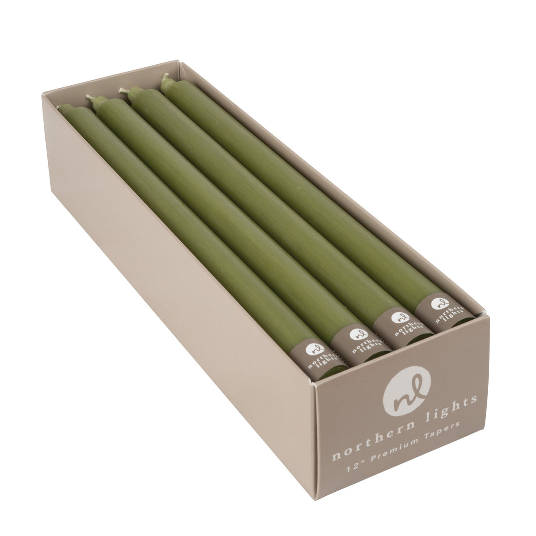 A box of Northern Lights Moss Green 12" premium dripless taper candles.