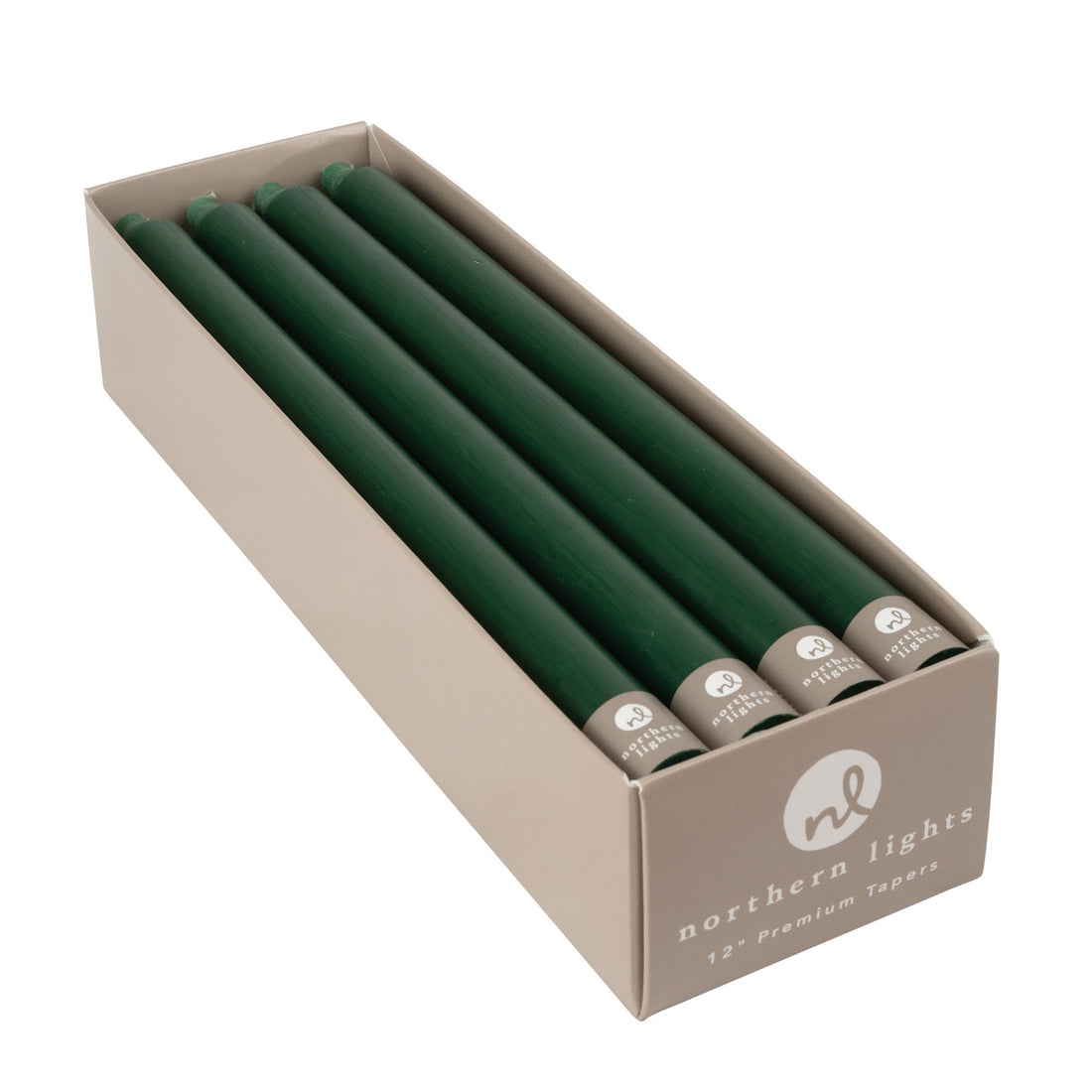 A box of dark green taper candles by Northern Lights.