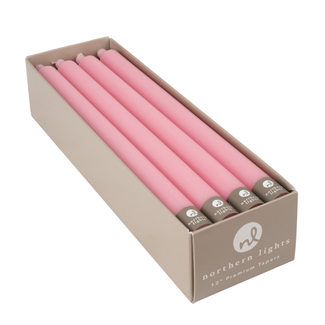 A box of soft pink 12 inch taper candles made by Northern Lights.