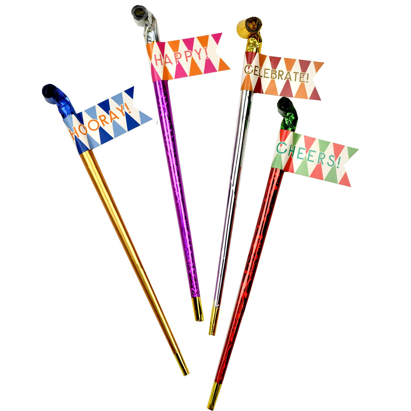 Long 12&quot; Stem Party Blowers Bouquet with Pennants, Set of 4