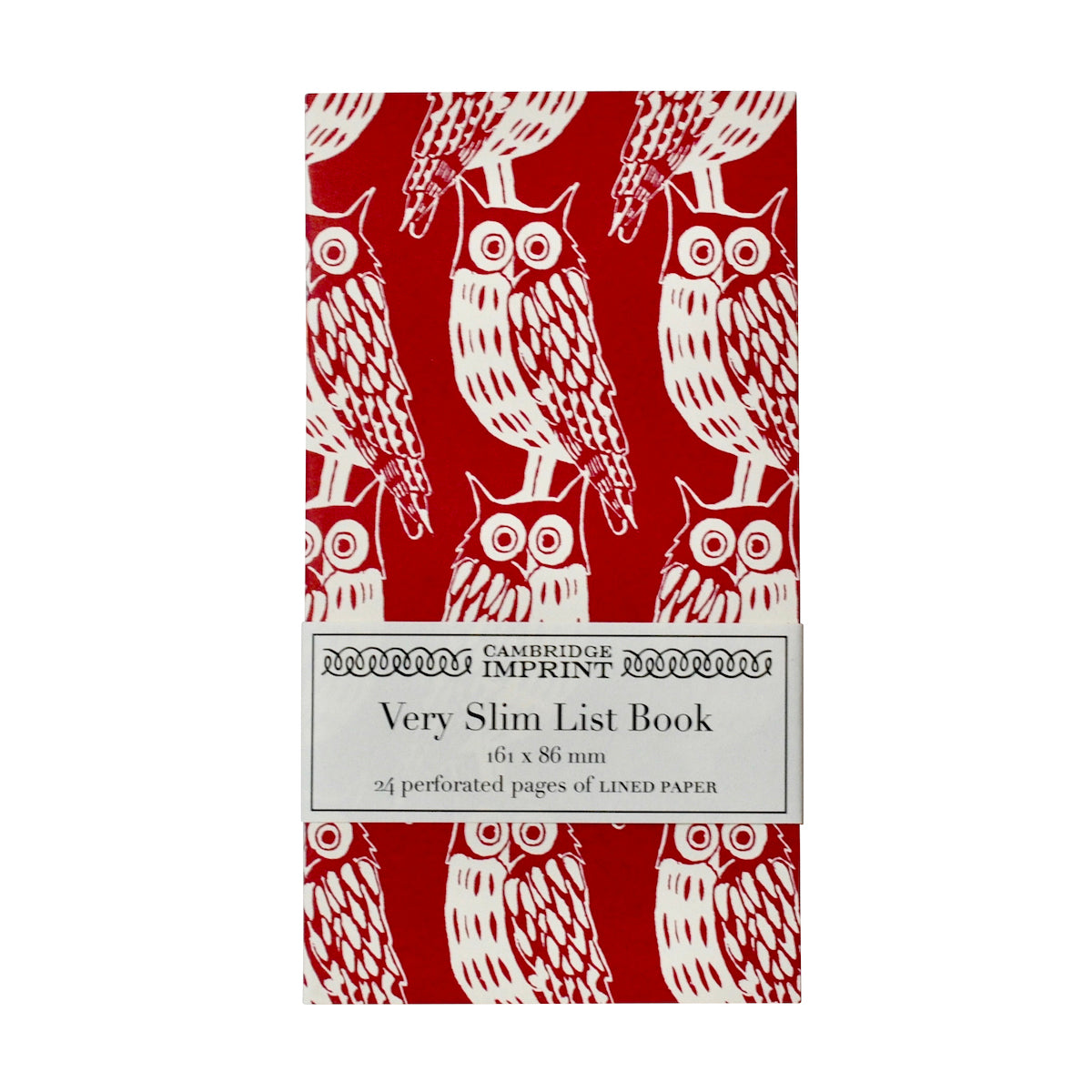 A red and white Cambridge Imprint Very Slim List Notebook with the words &quot;slim handy size last book.