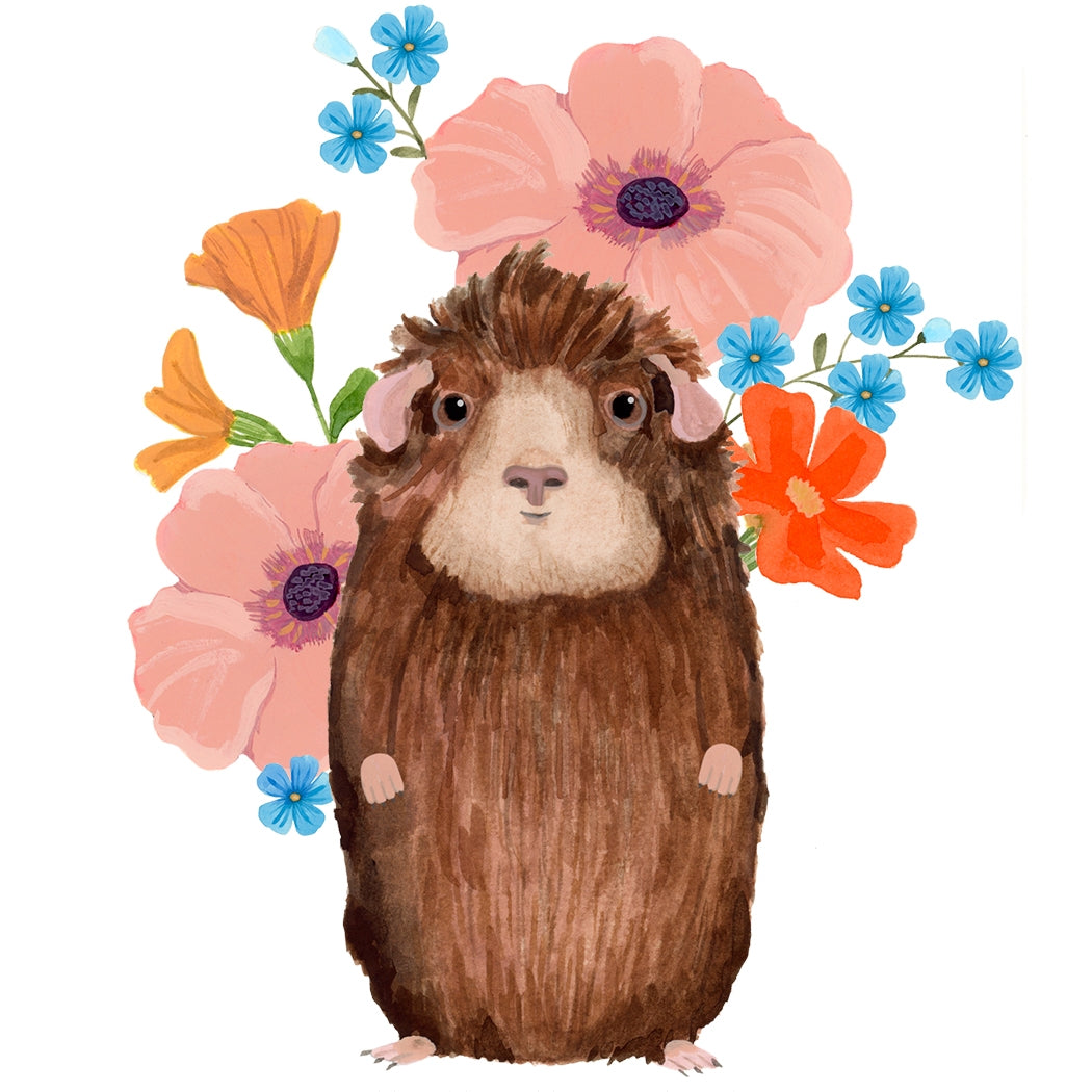 Greeting card by Dear Hancock with an illustration of a guinea pig with flowers behind it saying "Mom, I&