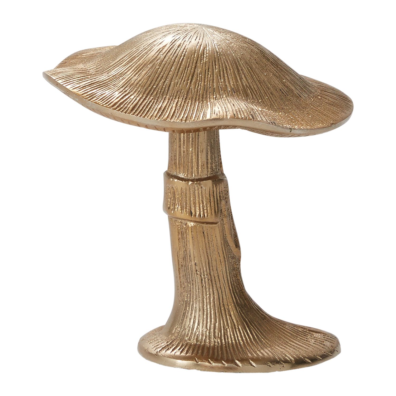 A gold metal mushroom figurine on a white background.