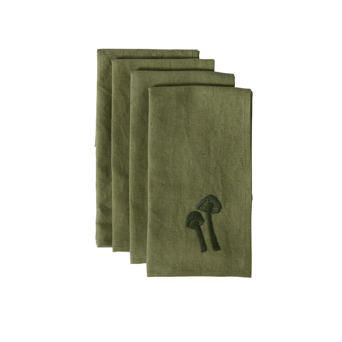 Four green cloth napkins with two embroidered green mushrooms in the corner, against a white background.