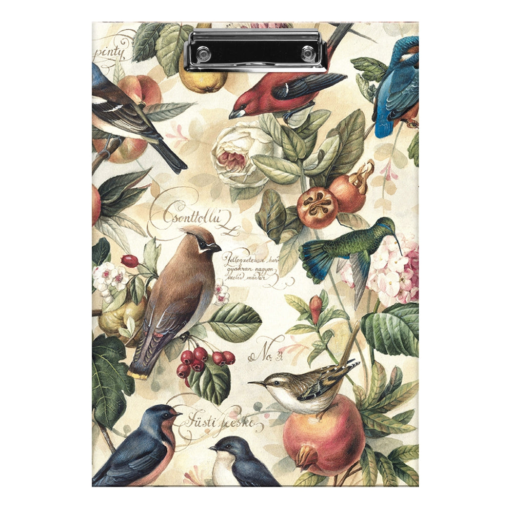 Clipboard with a decorative design of birds and nature on a white background
