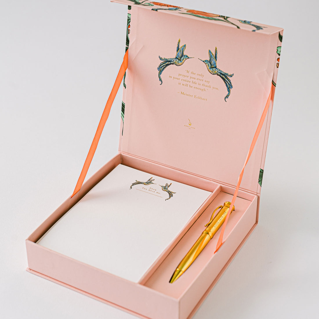 Hummingbird Luxury Stationery Set by Good Juju in pink with butterflies printed on it.