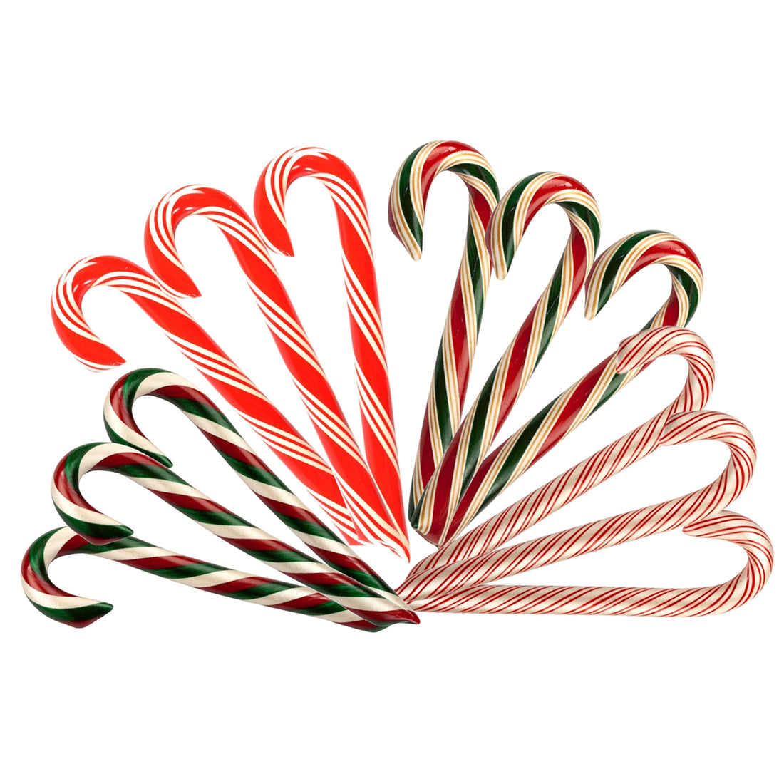 Candy canes with red, white, and green stripes arranged in a fan shape on a white background.
