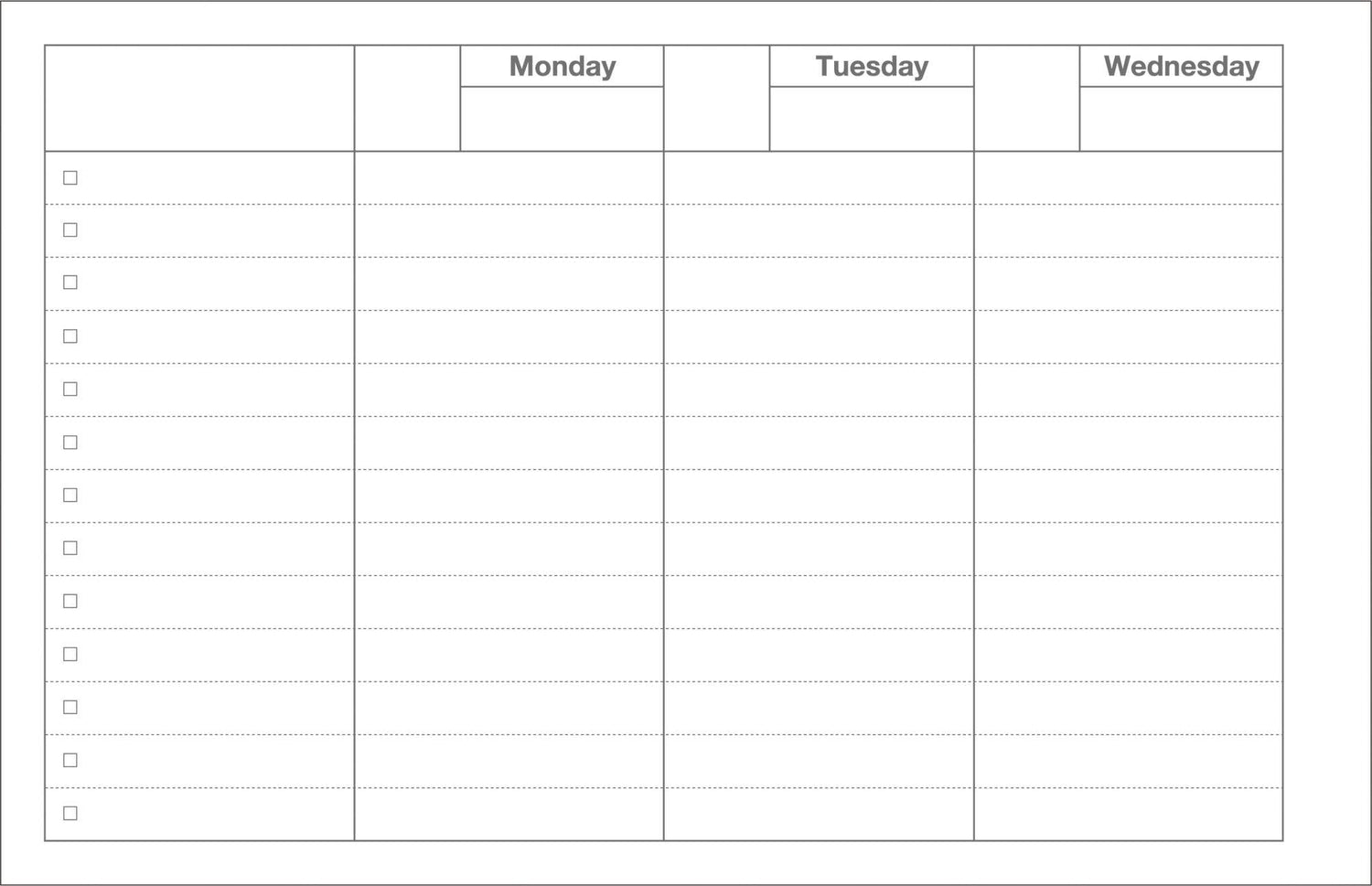 Weekly planner with days of the week labeled and checkboxes for each day.