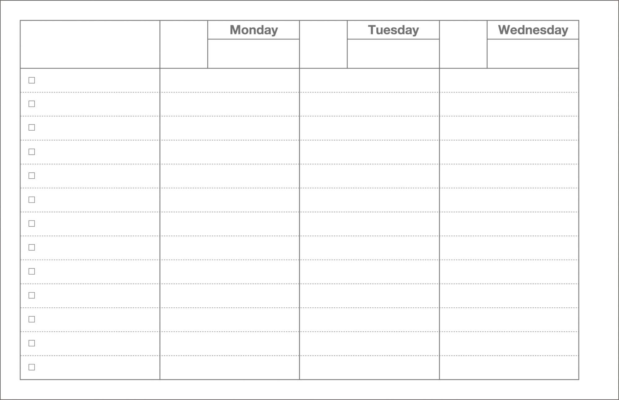 Weekly planner with days of the week labeled and checkboxes for each day.