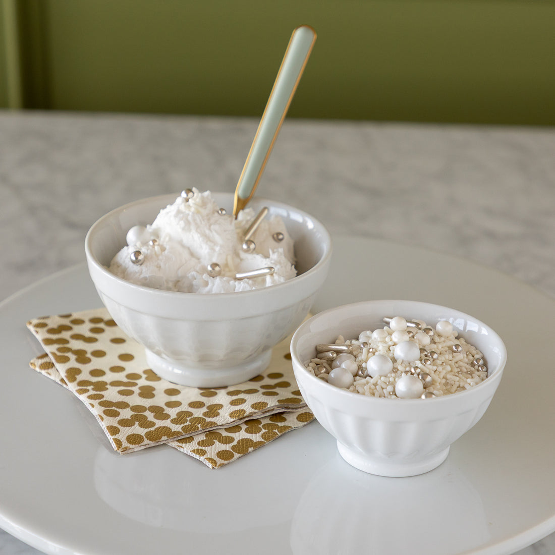 Porcelain Fluted Bowls with ice cream. 