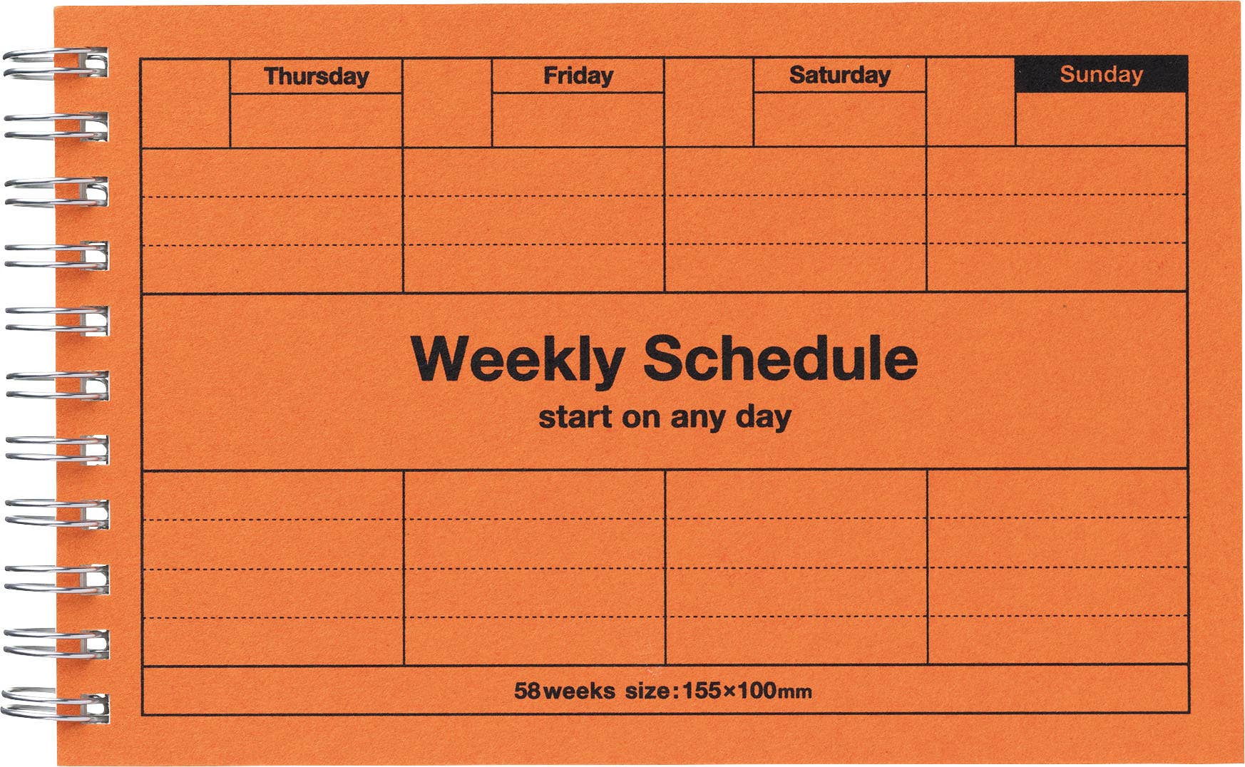 Orange weekly schedule planner with black text on an orange background.