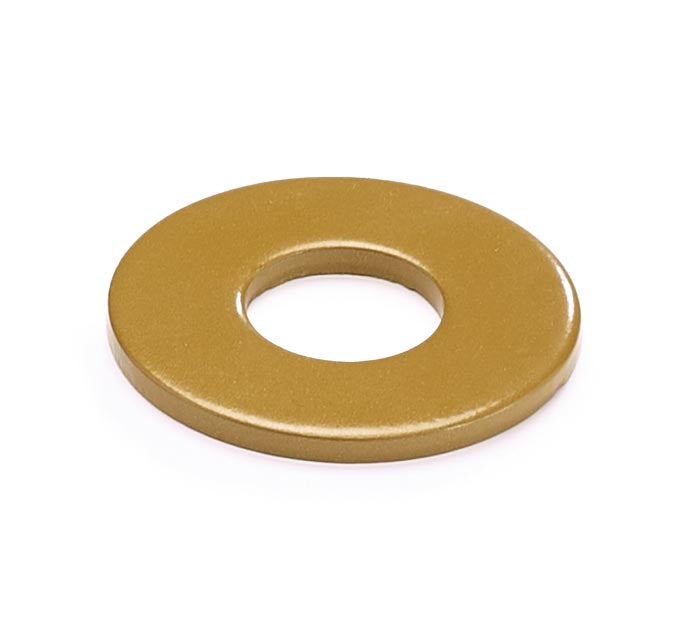 Gold metal washer on a white background.