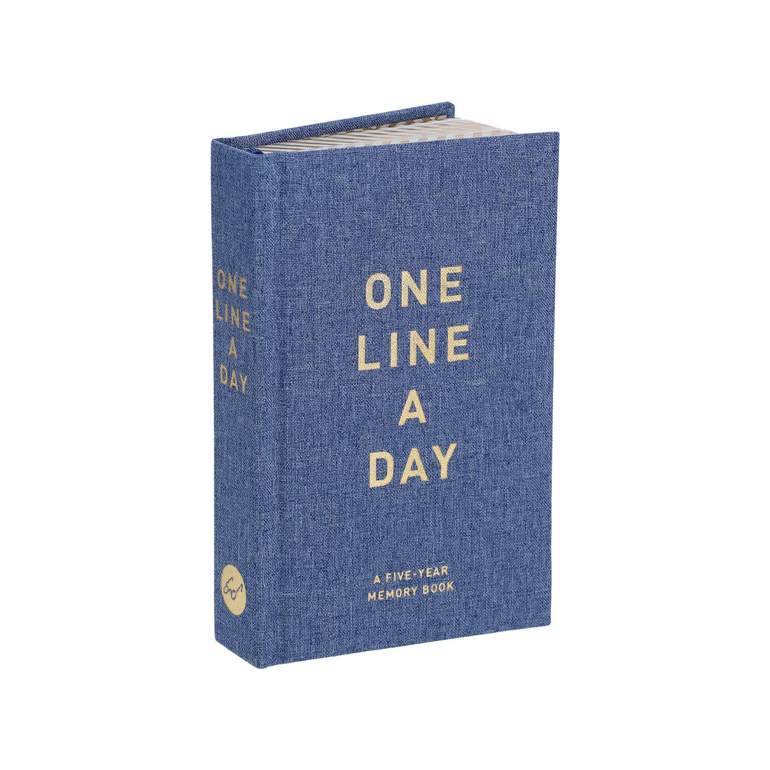 Book with blue denim cover and gilded letters saying &quot;One Line a Day&quot;- a five year memory book. 