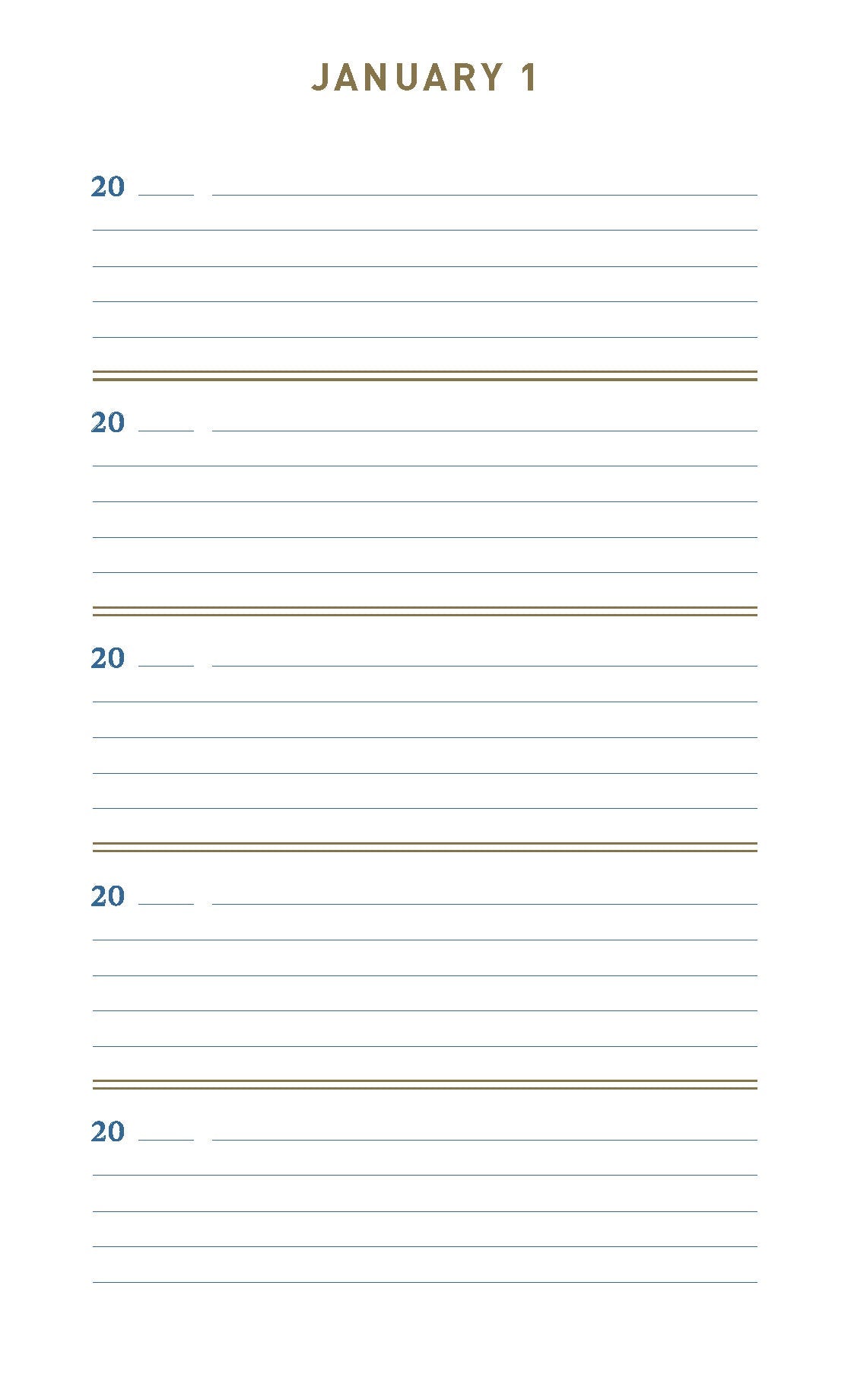 Page from inside book showing a month and day at the top and then along the left side space to write the year.