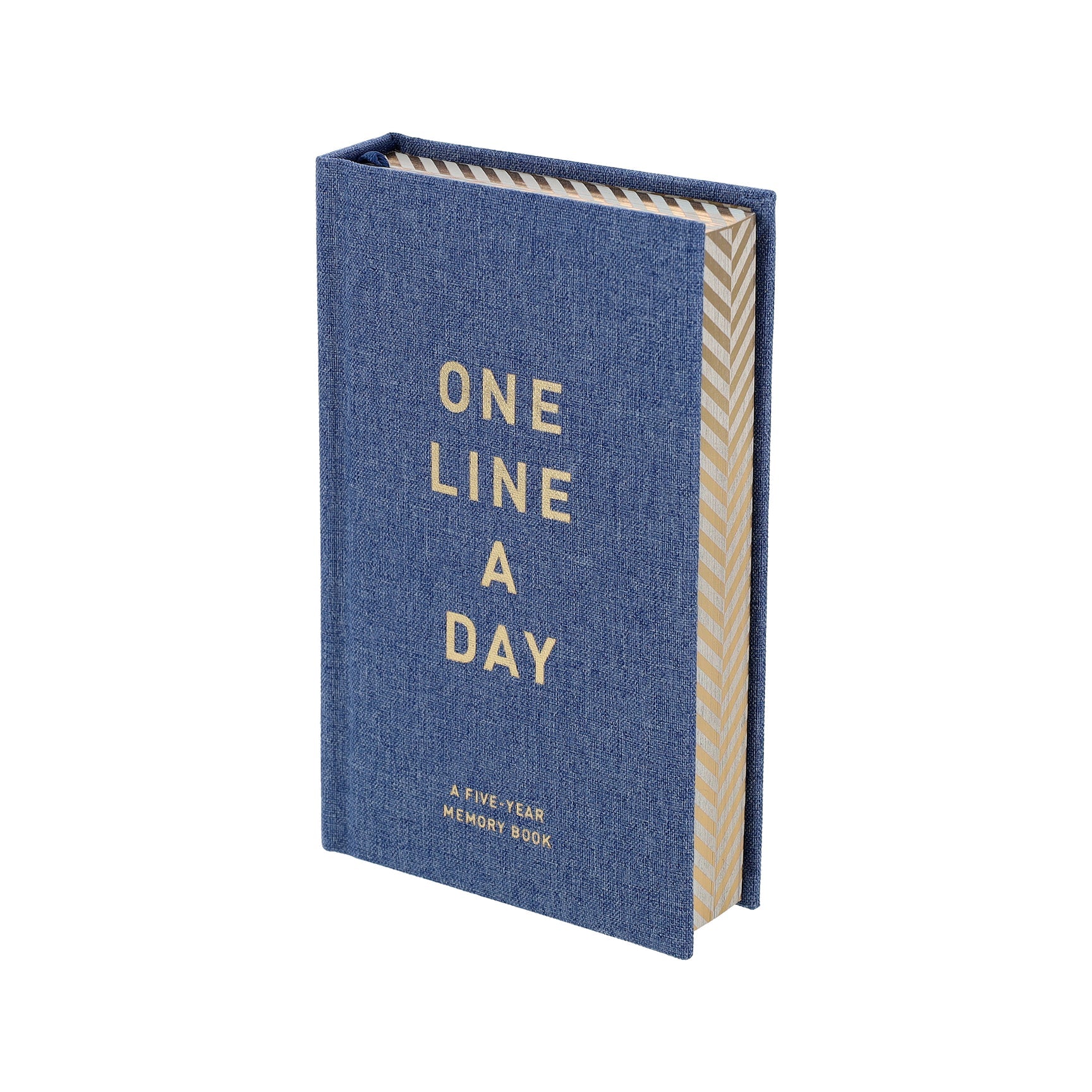 Book with blue denim cover and gilded letters saying "One Line a Day"- a five year memory book.
