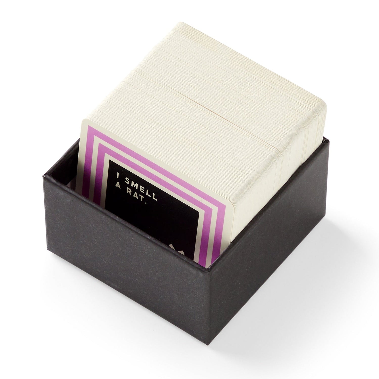 Black box with a white card inside displaying &