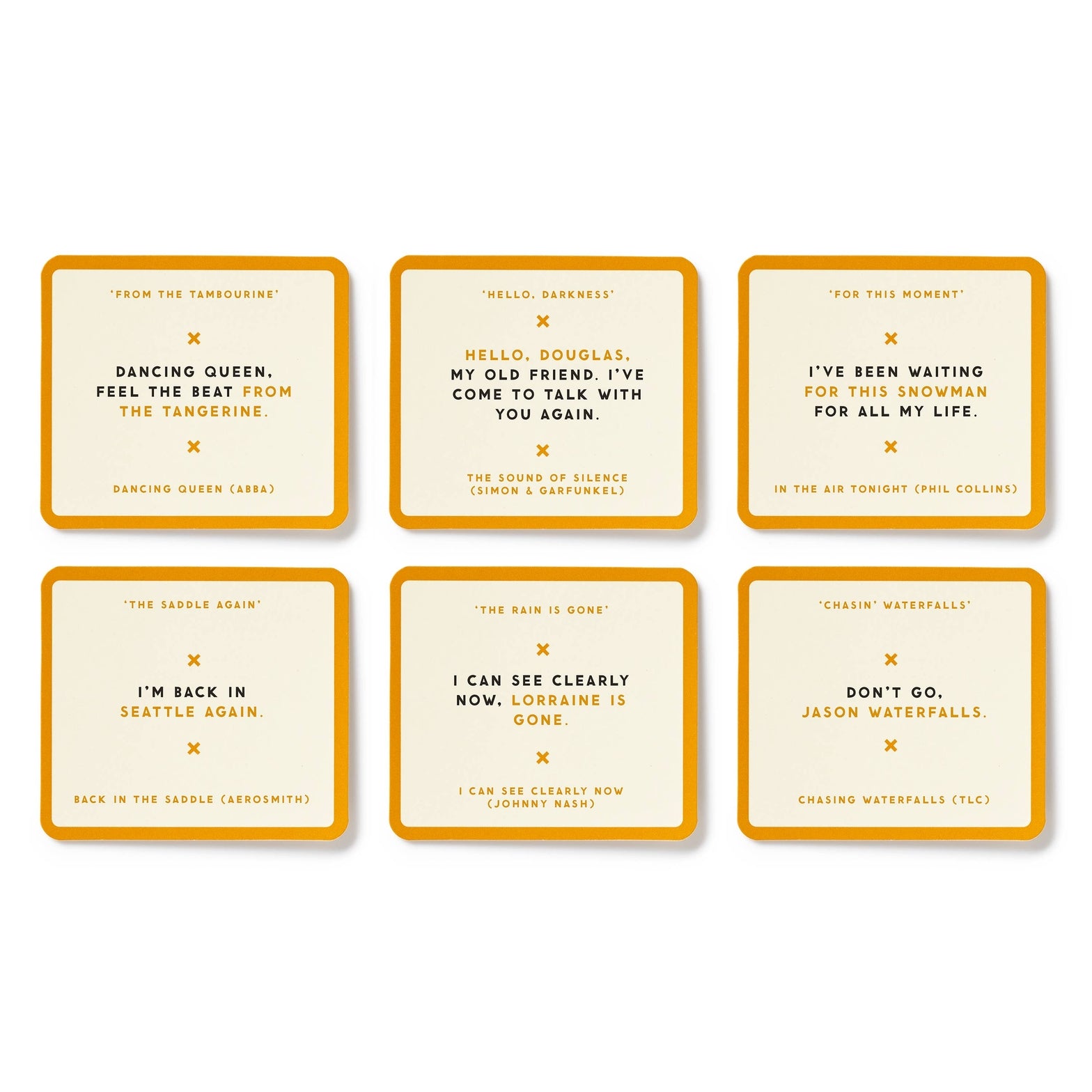 Set of six game cards with humorous text on a white background.
