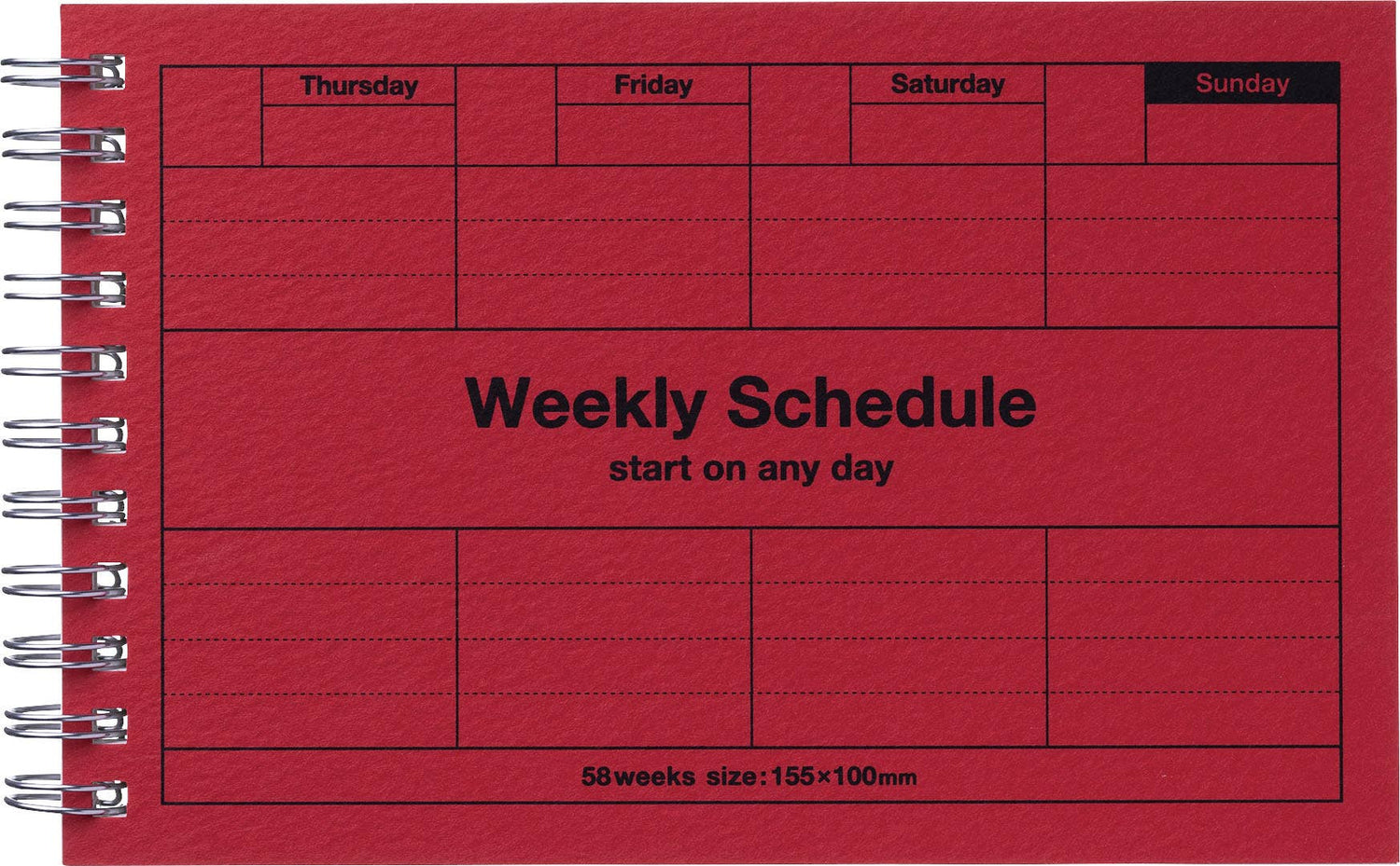 Red weekly schedule planner with black text on a red background.