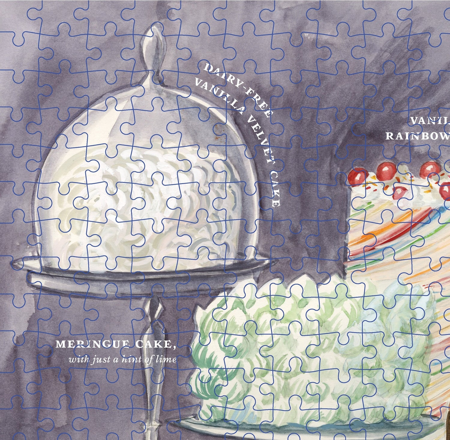 Jigsaw puzzle with a dessert theme featuring various cakes and a silver cake stand.