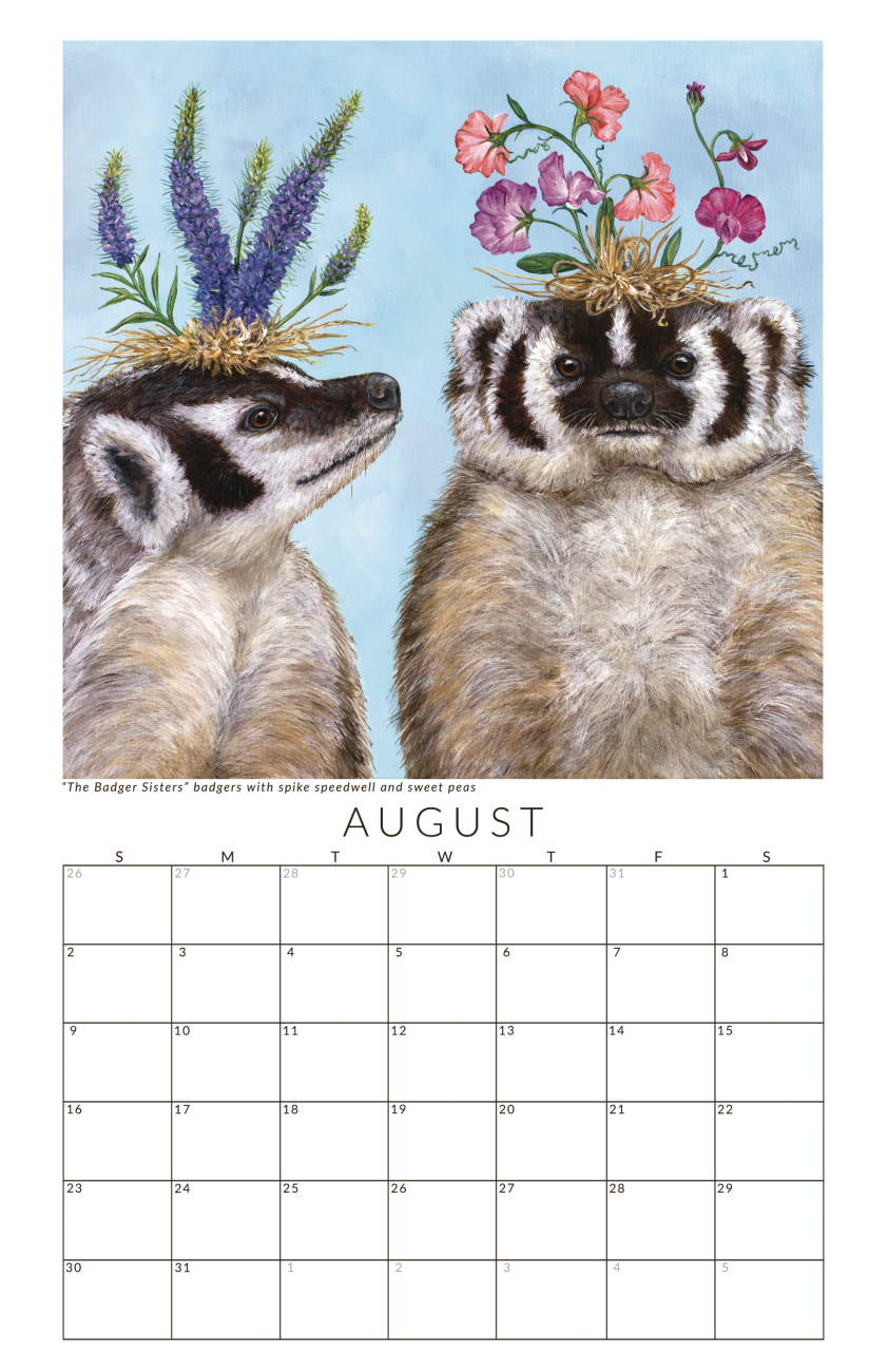 Calendar page for August with badgers and floral decorations on a blue background.