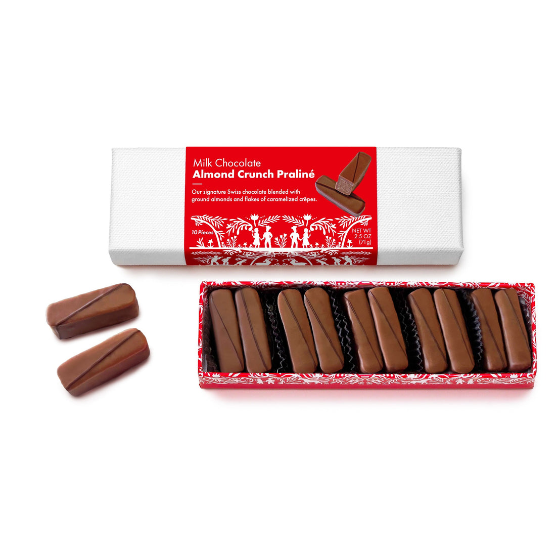 Milk chocolate almond crunch praline bars with packaging on a white background.