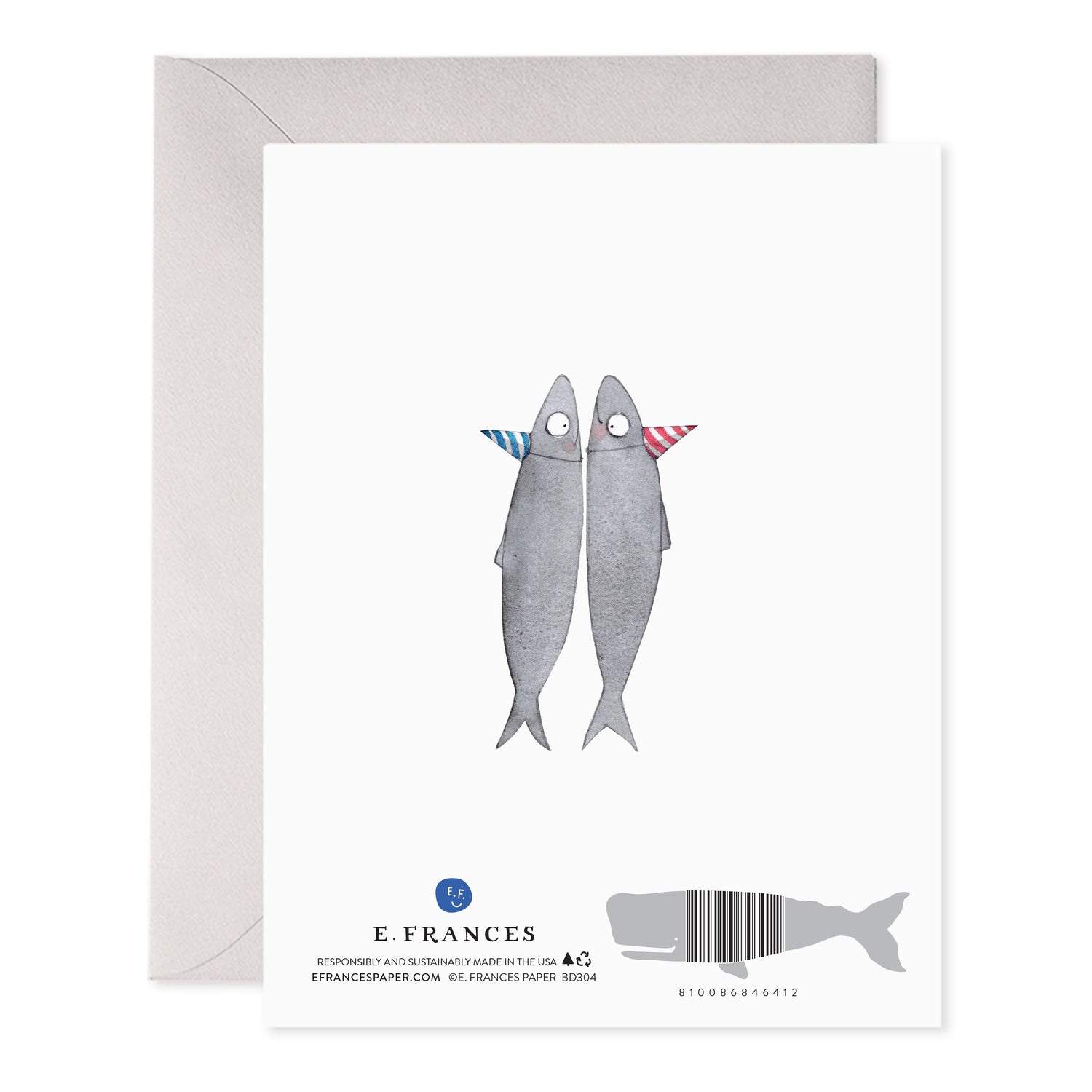 Back of card illustrated by E.Frances with 2 sardines wearing party hats. 