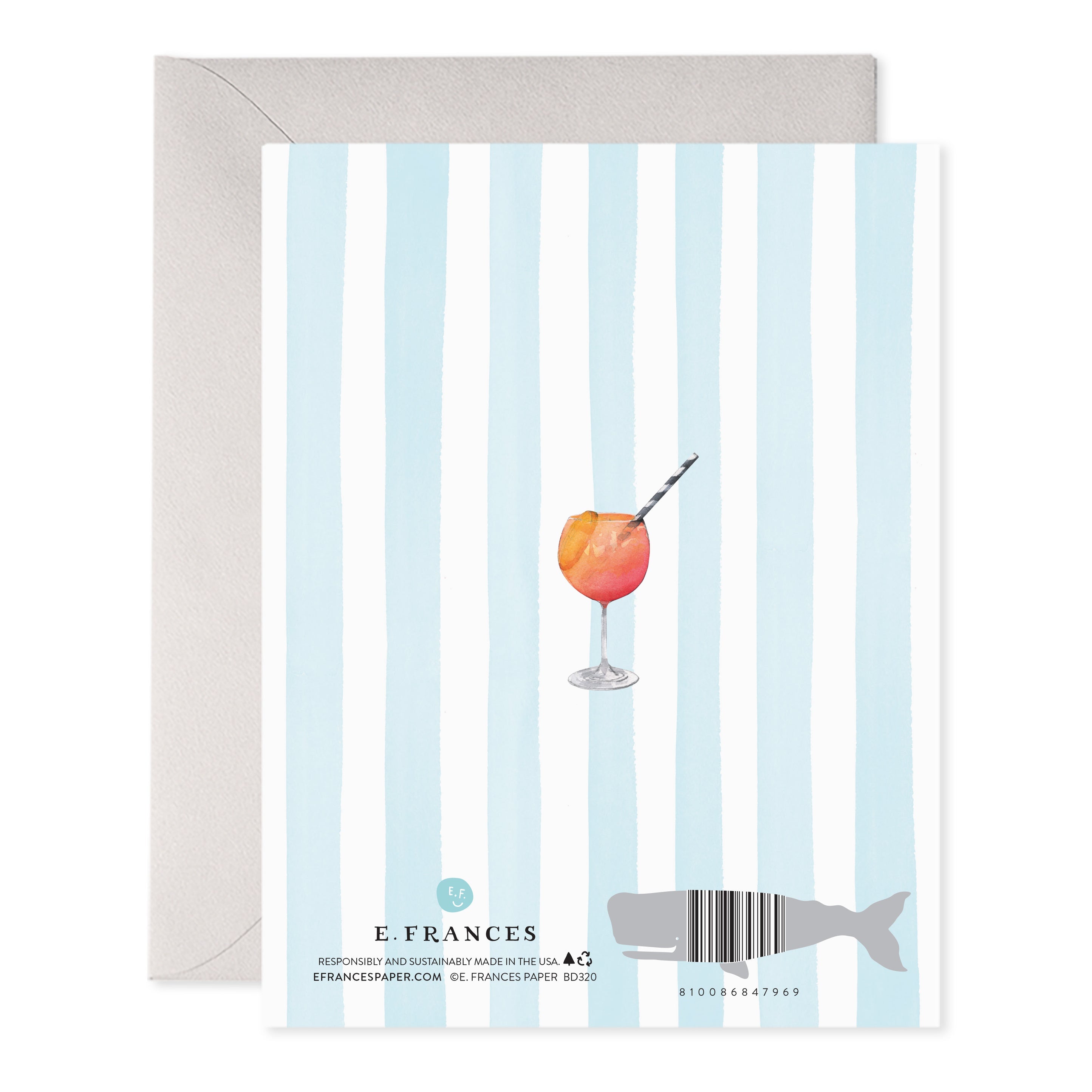 Back of card with an orange colored cocktail by E.Frances.