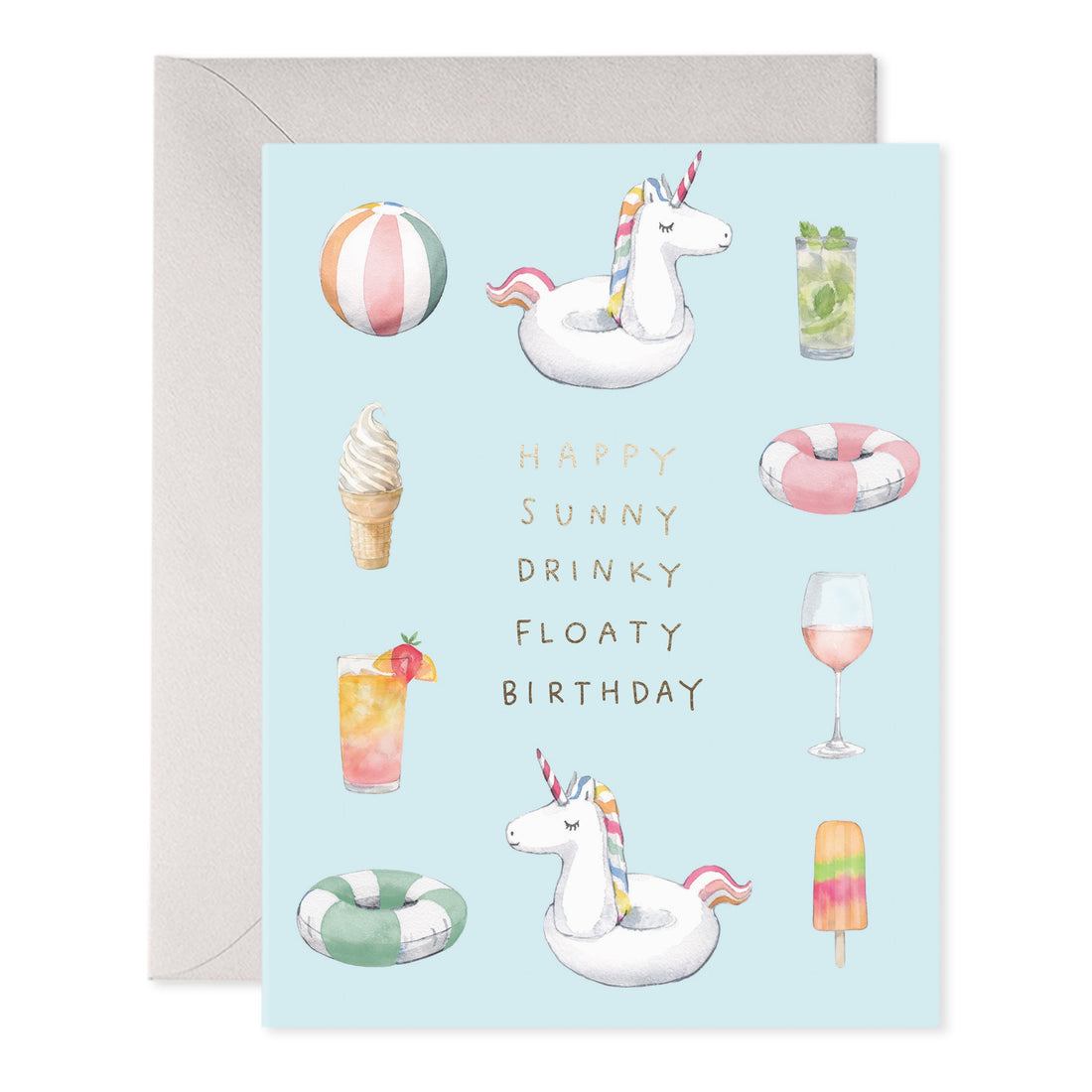 Greeting card by E.Frances with illustrations of various pool related items such as ice cream, cold drinks and floaties. 