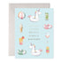 Greeting card by E.Frances with illustrations of various pool related items such as ice cream, cold drinks and floaties. 