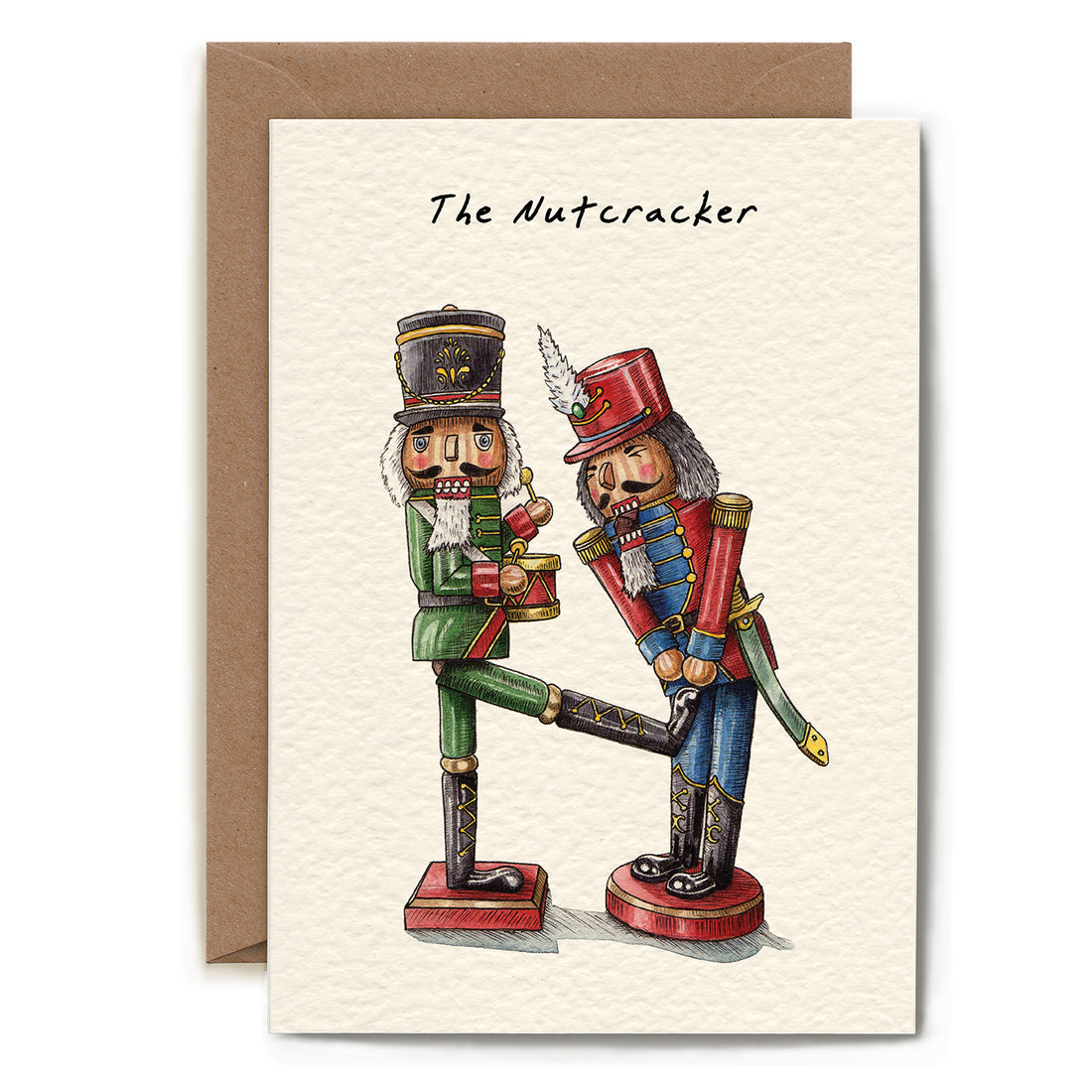 A funny illustration of two classic toy soldier nutcrackers, one of which is kicking the other in the groin under the caption "The Nutcracker".