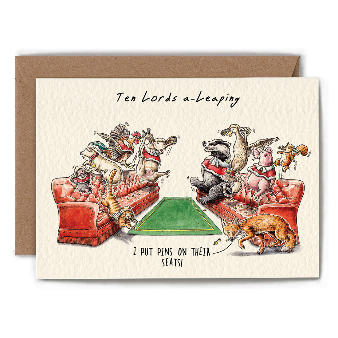 A funny illustration of various animals leaping up from two red sofas, with a fox slinking by saying &quot;I put pins on their seats!&quot;, under the caption &quot;Ten Lords a-Leaping&quot;.