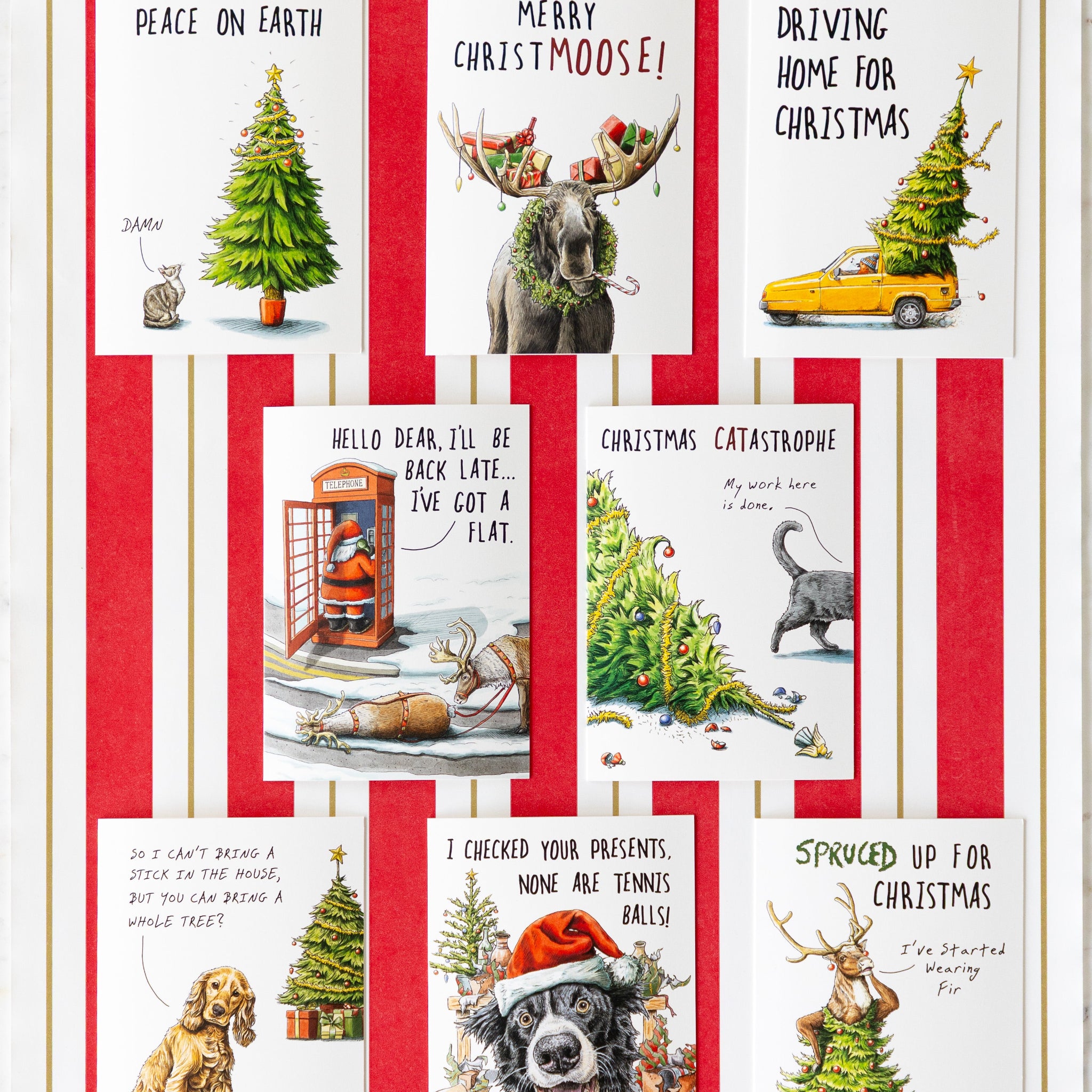 Bewilderbeest assorted Christmas cards on the Red & Gold Awning Stripe Runner.